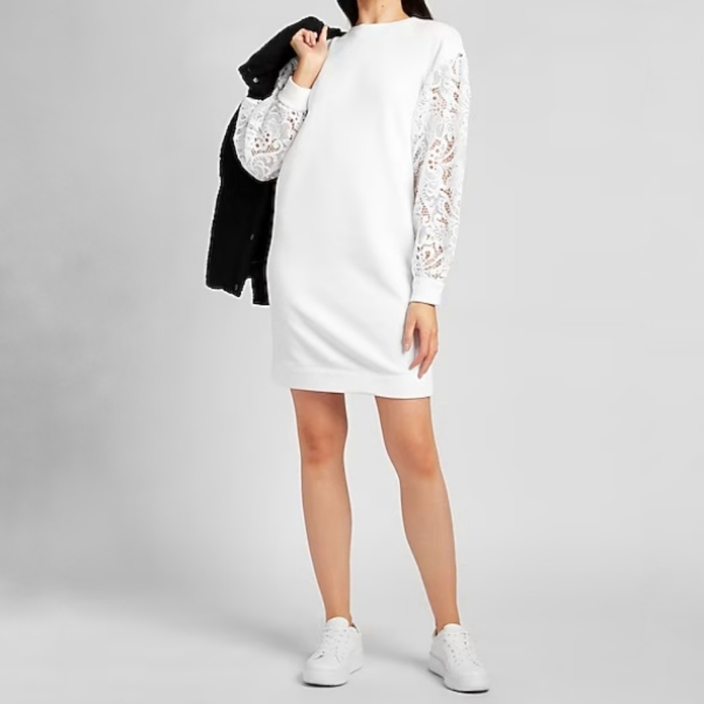 Express White Lace Sleeve Sweatshirt Dress Size Large